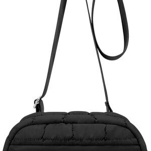 Black small quilted puffer crossbody bag with adjustable strap